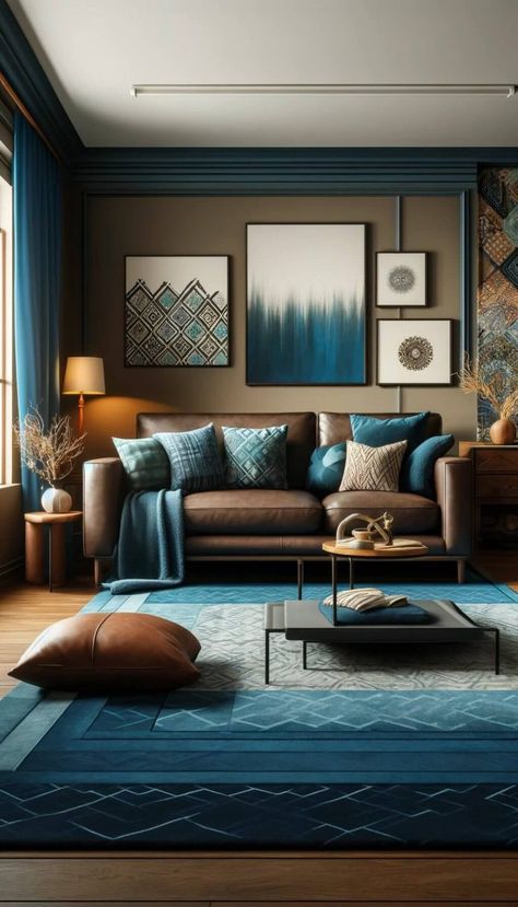 Dark Brown Leather Couch, Dark Living Room Ideas, Brown Leather Couch Living Room, Brown And Blue Living Room, Brown Sofa Living Room, Floating Fireplace, Living Room Decor Brown Couch, Leather Couches Living Room, Brown Couch Living Room