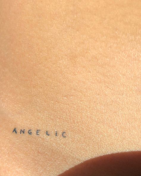 Dainty Words Tattoo, Angel Tattoo On Hip, Angel Hip Tattoo, 4 Letter Words Tattoo, Tiny Word Tattoos, Mini Hip Tattoos, Angel Energy Tattoo, Angel Word Tattoo, Fine Line Word Tattoo