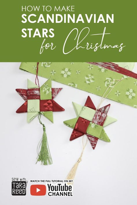 How to make Scandinavian Stars - YouTube Video Fabric Origami Star Ornament Tutorial, Easy No Sew Fabric Stars, Fabric Christmas Trees Ornaments, Small Sewing Projects Scrap Fabric Christmas Ornament, Scandinavian Christmas Stars Diy, Scandinavian Stars Christmas Ornament, Fabric Origami Christmas Ornaments, Fabric Stars Ornaments No Sew, Christmas Ornaments Fabric Diy