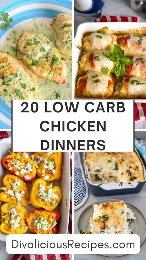 20 Low Carb Chicken Dinners Low Carb Chicken Dishes, No Carb Chicken Dinner, Healthy Low Carb Chicken Recipes, Healthy Chicken Recipes Low Carb, Low Carb Weeknight Dinners, Healthy Chicken Dinner Ideas Low Carb, Low Carb Recipes With Chicken, Chicken Breast Low Carb Recipes, Low Carb Chicken Meals