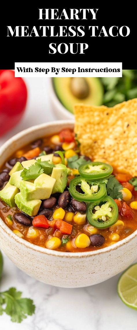 Image for Hearty Meatless Taco Soup Meatless Taco Soup, Meatless Taco, Dinner Party With Friends, Soup Lovers, Stews Recipes, Taco Soup Recipe, Fun Dinner, Party With Friends, Taco Soup