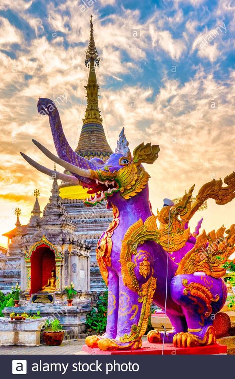 Purple windged elephant in front of the chedi of Wat Chetawan at sunset, Chiang Mai, Thailand Stock Photo Elephant Thailand, Thailand Temples, Photo Corner, Thailand Photos, Chiang Mai Thailand, Photo Corners, Chiang Mai, Color Theory, Places To Travel