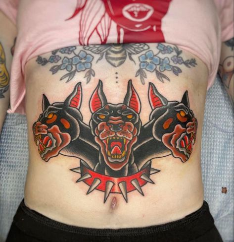 Traditional Tattoo Elbow, Cerberus Tattoo, Table Tattoo, Traditional Chest Tattoo, Traditional Tattoo Inspiration, American Traditional Tattoo Ideas, Traditional Tattoo Ideas, Tattoos Meaningful, Food Tattoos