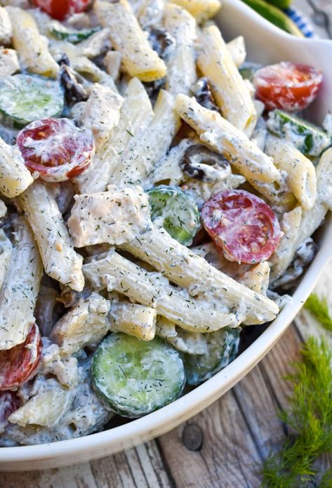 Easy Creamy Greek Pasta Salad - The Quicker Kitchen Creamy Greek Pasta Salad, Yogurt Pasta, Greek Yogurt Pasta, Creamy Pasta Salad Recipe, Picnic Side Dishes, Greek Yogurt Dressing, Rotisserie Chicken Salad, Creamy Pasta Salads, Greek Yogurt Flavors