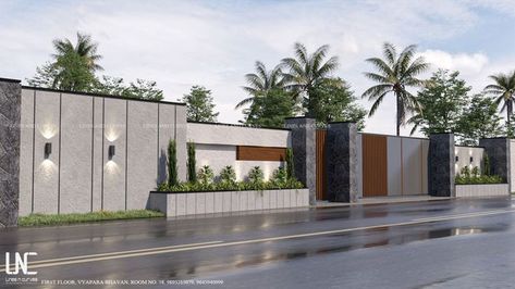 Compound Wall Design With Gate, Modern Boundary Wall Design Exterior, Villa Compound Wall Design, Boundry Wall Design Modern Exterior With Gate, Villa Boundary Wall Design, Boundry Wall Design Modern New, Boundry Wall Design Latest, Compound Design Exterior, House Front Gate Wall Design