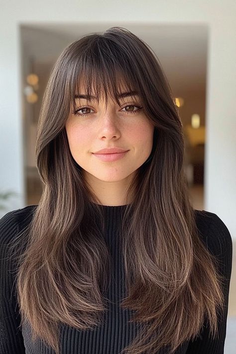 Brunette Soft Layers with Face-Framing Bangs, Trendy Long Straight Haircut Trendy Haircuts For Fine Hair, Long Straight Haircut, Deep Brunette, Long Hair Cuts Straight, Straight Haircuts, Straight Haircut, Chic Haircut, Blonde Wavy Hair, Straight Hair Cuts