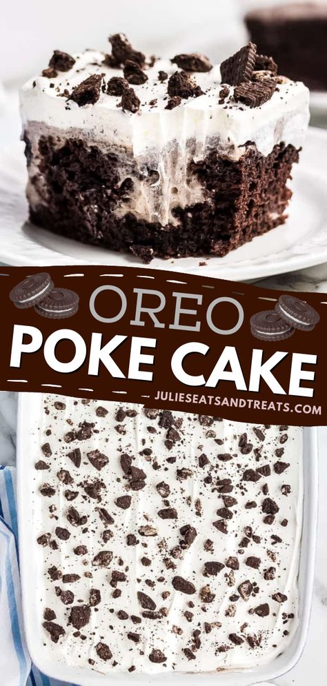 Looking for Valentine's day dessert recipe? This Oreo Poke Cake takes a chocolate cake to a whole new level and every bite has cookies and cream pudding center! Pin this easy Valentine's day treat! Chocolate Cake Mix Desserts, Cookies And Cream Pudding, Oreo Poke Cake, Oreo Dessert Recipes, Oreo Pudding, Poke Cake Recipes, Crushed Oreos, Oreo Recipes, Oreo Dessert