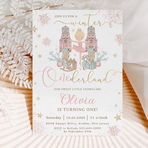 $3.09 | The Nutcracker Winter Onederland 1st Birthday | Birthday Invitations | winter onederland wonderland, 1st birthday party turning one, the nutcracker 1st birthday party, clara and the nutcracker ballet, sweet pastel soft delicate, blush pink gold glitter snowflakes, christmas first birthday party, presents candy cane rocking horse, whimsical, chic cute sweet girly holidays 1st Birthday In December, Nutcracker Theme First Birthday, Winter Onederland Party Invitations, 1st Birthday Christmas Theme Girl, New Years First Birthday Party, One Year Old Birthday Party Girl Winter, Winteroneder Land Theme Party, December 1st Birthday Party Girl, First Birthday Girl Winter