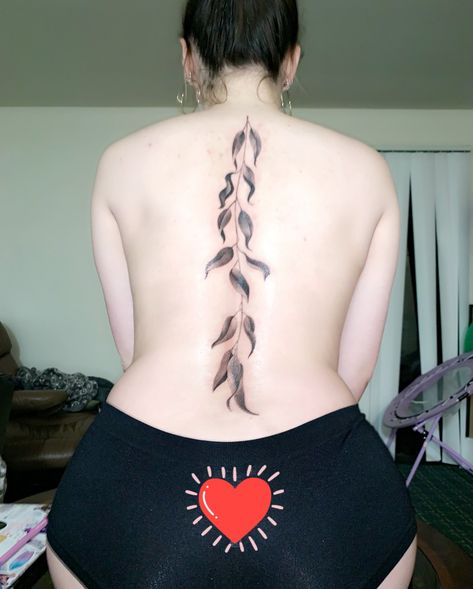 Willow tree branch spine tattoo down the back Tree Tattoo Back Shoulder, Willow Branch Spine Tattoo, Willow Tree Back Tattoo Women, Tree Branch Spine Tattoo, Tree Branch Back Tattoo, Willow Tree Spine Tattoo, Spine Tattoos Tree, Willow Vine Tattoo, Branch Spine Tattoo