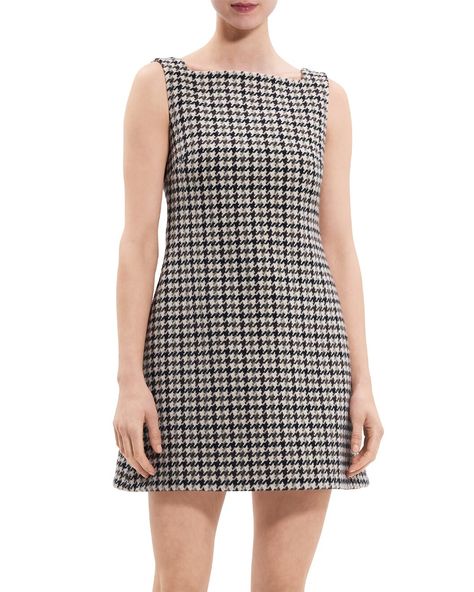 Theory High Square Neck Wool Mini Dress / Gilt Womens Tweed, Theory Dress, Houndstooth Dress, Silk Midi Dress, White Striped Dress, Wool Fabric, Contemporary Fashion, Womens Midi Dresses, Fit Flare Dress