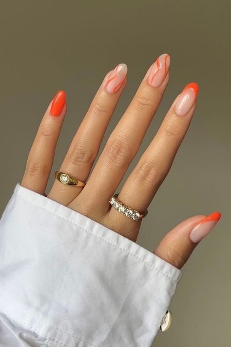 Swirl Nail Ideas, Swirl Nail, Orange Acrylic Nails, Swirl Nails, Orange Nail Designs, Orange Nail Polish, Orange Nail, Nails Summer Nails, Summery Nails