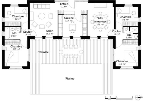 Plan au sol U Shaped House Plans, U Shaped Houses, Pergola Attached To House, Backyard Pergola, Beautiful House Plans, Pergola Kits, Pergola Designs, The Plan, Container House