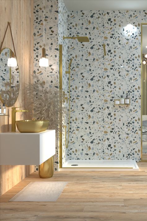 Bathroom Terrazzo, Terazzo Floor, Acrylic Shower Walls, Terrazzo And Wood, Terrazzo Wall, Waterproof Wall Panels, Acrylic Wall Panels, Wood Tile Bathroom, Wooden Floor Tiles