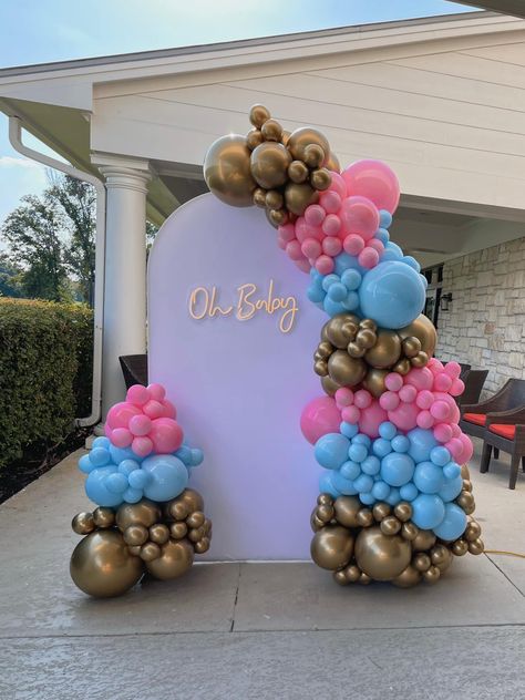 Gender Reveal Arch Backdrop with Pink, Blue, and Gold Balloon Garland by Capri & Eros Occasions Houston Brown Pink And Blue Gender Reveal, Gender Reveal Arch, Blue And Gold Balloon Garland, Gender Reveal Balloon Arch, Backdrop With Balloon Garland, Gender Reveal Dessert, Gender Reveal Backdrop, Gold Balloon Garland, Balloon Frame