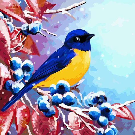 Painting of a pretty bird in a blueberry bush Oil Painting Ideas, Blueberry Bush, Oil Painting App, Oil Painting Supplies, Printable Animals, Color By Number, Car Illustration, Beginner Painting, Pretty Birds