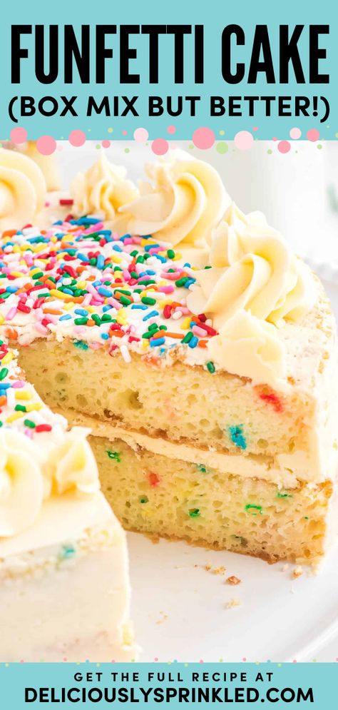 Learn how to improve boxed cake mix! It's a simple dessert. Thanks to the addition of a few simple ingredients, this funfetti cake mix has that rich homemade flavor you know and love. Save this yummy cake recipe and enjoy this funfetti dessert! Funfetti Homemade Cake, Cake Mix Birthday Cake Recipes, How To Make Funfetti Box Cake Better, Doctored Up Funfetti Cake Mix Recipes, Funfetti Cake Filling, Boxed Funfetti Cake Mix Recipes, Rainbow Bit Cake Mix Recipes, Box Confetti Cake Mix Recipes, Fun Fetti Cake Mix Recipes