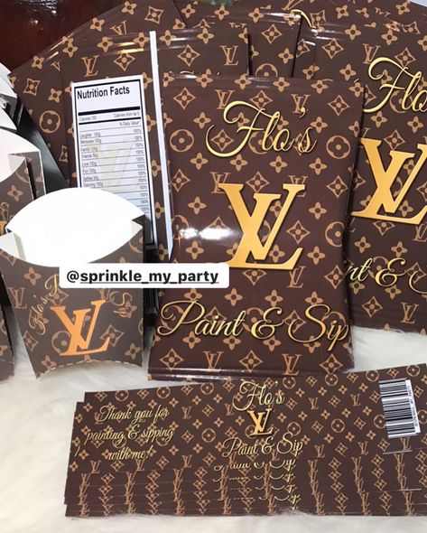 Official Sprinkle My Party Inc on Instagram: “Custom LV Inspired Chip bags, Water Bottle Label, And Fries Container For @ladiieflo Paint And Sip Party” Louis Vuitton Water Bottle, Customized Party Favors, Louis Vuitton Birthday Party, Louis Vuitton Birthday, 55th Birthday, 50th Party, Staff Appreciation, Chip Bags, Water Bottle Labels