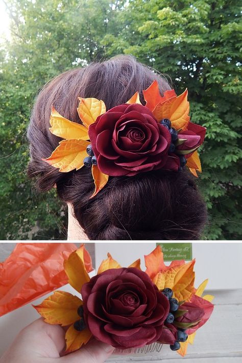 Fall Wedding Hair Pieces, Fall Wedding Hair, Fall Leaves Wedding, Fall Leaf Wedding, Hairstyle Indian, Burgundy Wedding Flowers, Fall Wedding Bridesmaids, Bridesmaid Hair Pieces, Wedding Flowers Roses