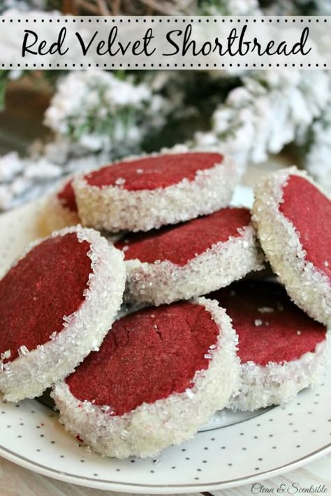 These red velvet shortbread cookies put a little twist on the old favorite and add a pretty pop of color to any dessert platter! Red Velvet Shortbread Cookies, Yellow Bliss Road, Velvet Cookies, Chocolate Peppermint Cookies, Red Velvet Cookies, Peppermint Cookies, Xmas Cookies, Chocolate Peppermint, Shortbread Cookies