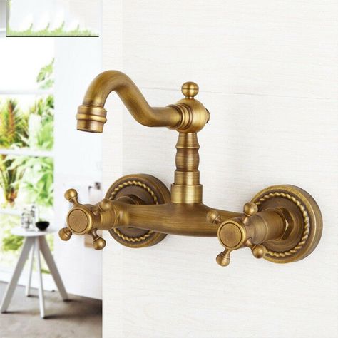 Antique Brass Bathroom Faucet, Antique Brass Bathroom, Contemporary Bathroom Decor, Brass Bathroom Faucets, Wall Faucet, Wall Mount Faucet Bathroom, Wall Mount Sink, Sink Mixer Taps, Wall Mount Faucet