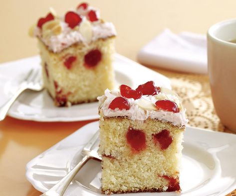 One-mix cakes - cherry coconut cake Cherry And Coconut Cake, Simple Icing, Cherry Recipe, Culinary Desserts, Cake Cherry, Loaf Cake Recipes, Cherry Coconut, Coconut Cake Recipe, Square Cake Pans