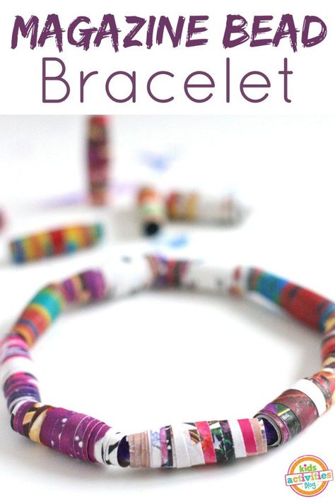 Magazine Bead Bracelets! A fun activity for elementary aged children this summer! Recycler Diy, Magazine Beads, Diy Halloween Dekoration, Recycling For Kids, Recycled Magazines, Recycled Art Projects, Magazine Crafts, Upcycled Art, Magazines For Kids