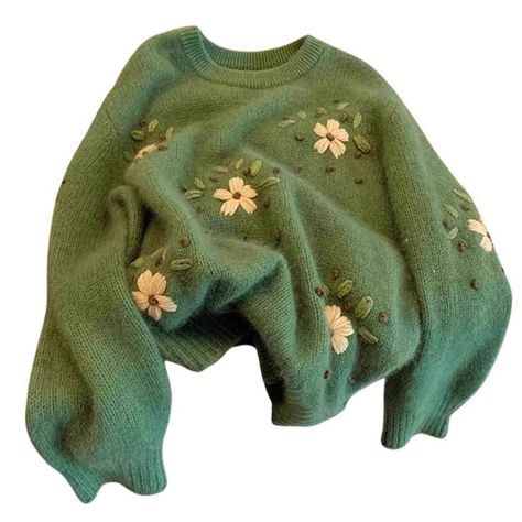 Cottagecore Floral Embroidery Green Sweater | BOOGZEL CLOTHING – Boogzel Clothing Green Knitted Sweater, Embroidery Green, Cottagecore Outfits, Trendy Jackets, Aesthetic Outfit Ideas, Green Soft, Argyle Sweater, Soft Sweater, Green Outfit