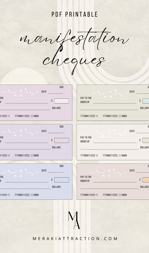 pdf printable manifestation cheques, 6 manifestation cheques in the colours rose pink, purple, blue green, purple-pink, and light pink Check Money Aesthetic, Cheque Aesthetic, Manifestation Checks, Check Money, Vision Board Bank Account, Pay Check Aesthetic, Paycheck Aesthetic, Credit Score Aesthetic Vision Board, Bank Account Aesthetic