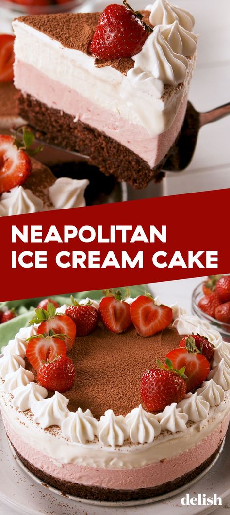 Neapolitan Ice Cream Cake, Cream Cheese Ice Cream, Yummy Nummies, Cherry Cake Recipe, Cheese Ice Cream, Neapolitan Ice Cream, Ice Cream Cake Recipe, Fun Cakes, Cream Cakes