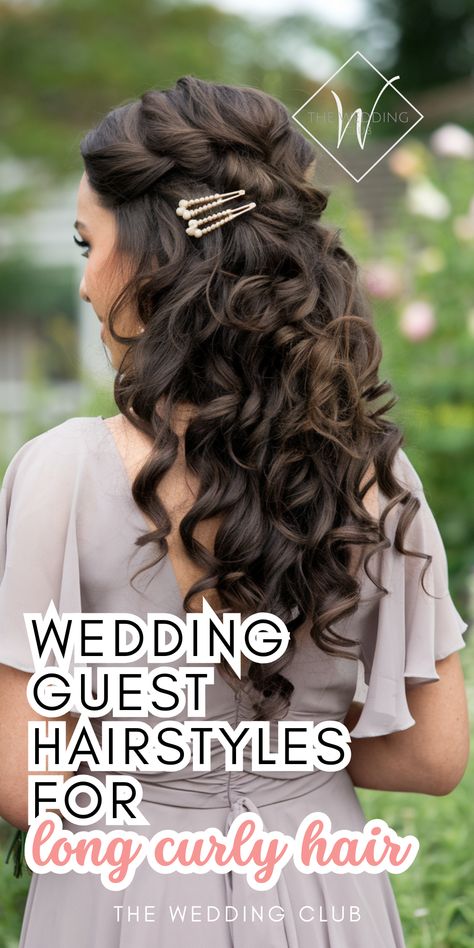 Got long, curly hair? This list of 40+ wedding guest hairstyles is designed just for you! Discover stunning ways to enhance your natural curls, from romantic updos to half-up styles and loose, defined curls. Perfect for outdoor or formal weddings, these curly hairstyles will make you stand out in the best way. Click for tips, inspiration, and tutorials on how to achieve each look! #curlyweddinghair #longcurlystyles #weddingguesthairstyles Updos For Long Hair Wedding Guest, Curly Hairstyle For Wedding Guest, Long Hair Styles For Wedding Guest Curls, Curly Wedding Hairstyles Half Up, Natural Curly Hair Formal Styles, Long Curly Hairstyles For Wedding Guest, Curly Hair For Wedding Guest, Formal Wedding Guest Hairstyles, Long Wavy Hairstyles For Wedding