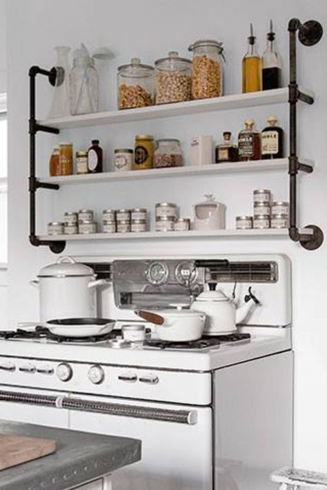 Love the shelving above the stove!! Miller Homes, Vintage Appliances, New York Homes, Pipe Furniture, Kitchen Stove, Industrial Kitchen, Trendy Kitchen, Eclectic Home, Kitchen Shelves