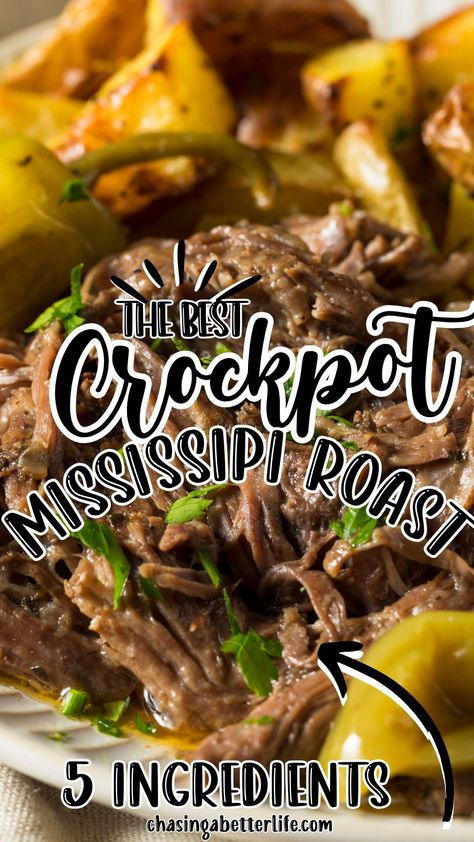 Savor the simplicity of this 5-Ingredient Crockpot Mississippi Roast! Perfect for busy days, it's a mouth-watering, low-effort meal. Click for the recipe and enjoy a hearty dinner tonight! 🥘 #CrockpotRecipes #EasyDinner #MississippiRoast #KetoFriendly 5 Ingredient Slow Cooker Mississippi Pot Roast, Potroast Crockpot Mississippi, Mud Roast Mississippi, The Best Mississippi Pot Roast Crockpot, Pressure Cooker Mississippi Pot Roast, Crockpot Mississippi Roast, Mississippi Mud Roast Crock Pot, Crock Pot Mississippi Pot Roast Recipe, Instapot Mississippi Pot Roast Recipe