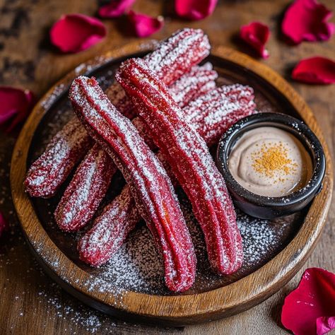 Red velvet churros plate - Cream Filled Churros Red Velvet Churros, Christmas Churros, Water Pie Recipe, Filled Churros, Churro Cookies, Rice Kheer, Chocolate Dipping Sauce, White Chocolate Sauce, Churros Recipe