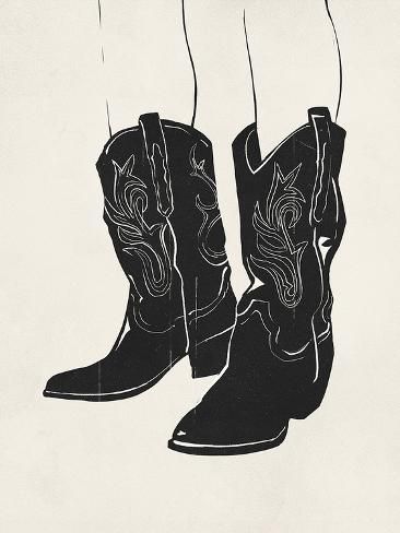 size: 48x36in Stretched Canvas Print: Cowboy Detail - Boots by Lisa McCandless : Using advanced technology, we print the image directly onto canvas, stretch it onto support bars, and finish it with hand-painted edges and a protective coating. Space Cowboy Painting, Cowboy Boots Prints, Cowgirl Art Print, Cowboy Art Print, Cowgirl Boots Illustration, Cowboy Boot Wall Art, Cowboy Linocut, Cowboy Boot Illustration, Cowboy Boot Painting