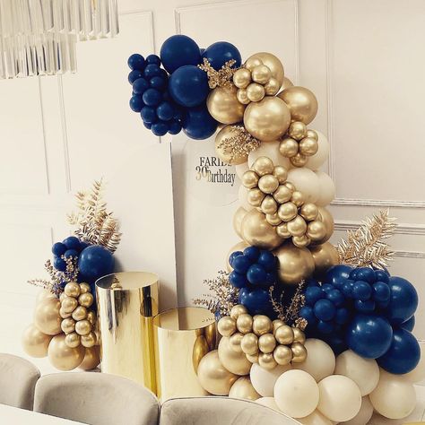 Mens Birthday Party Decorations, Birthday Decorations For Men, Mens Birthday Party, Men Birthday, 70th Birthday Parties, Blue Birthday, Event Flowers, Gold Balloons, Gold Birthday