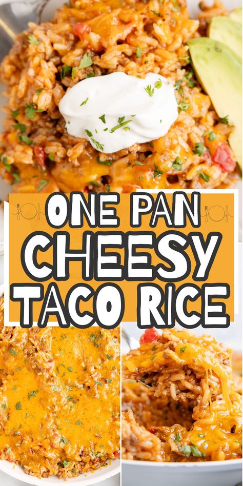 Cheesy Taco Rice is an easy one pan meal bursting with all the taco flavor you love! It's a weeknight favorite that the whole family will love with it's melty cheese and loaded taco rice - the best part is that dinner can be ready in 30 minutes with this one pan wonder. One Pot Taco And Rice, 1 Pan Rice Meals, Easy Weeknight Mexican Dinners, Mexican Food Recipes With Rice, Taco Casserole With Rice Easy Recipes, Easy Taco Rice Casserole, Taco In A Pan, One Pan Taco Rice Dinner, Mexican One Pan Meal