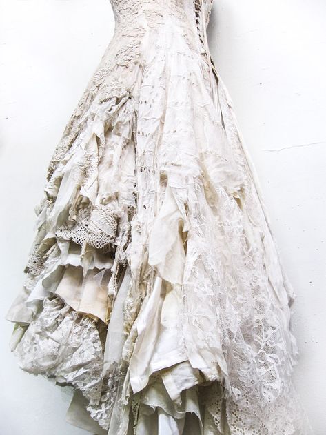 a wedding gown for Kassidy | GIBBOUS Tattered White Dress, Destroyed Wedding Dress, Decay Aesthetic, Textiles Coursework, Tattered Dress, Layered Wedding Dresses, Zombie Clothes, Custom Wedding Gown, Maid Of Honour Dresses