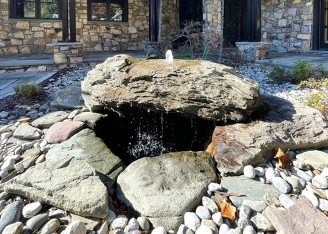 Electric bubbling rock fountain - Premier Ponds Bubbling Rock Fountain, Pond Construction, Solar Powered Fountain, Pond Cleaning, Rock Fountain, Pond Maintenance, Pond Fountains, Solar Fountain, Fountain Design