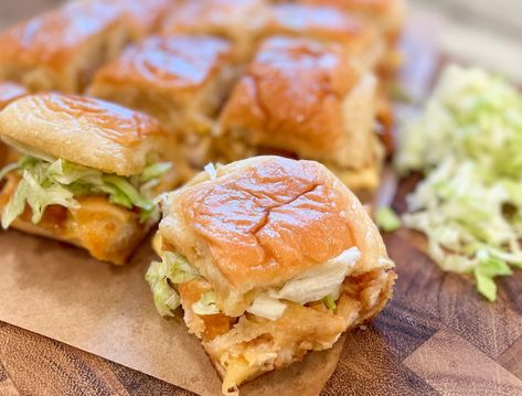 Bang Bang Chicken Sliders | Springer Mountain Farms Hot Honey Butter, Fun Party Food, American Sandwich, Bang Bang Sauce, Bang Bang Chicken, Breaded Chicken Breast, Chicken Sliders, Best Party Food, Hot Honey