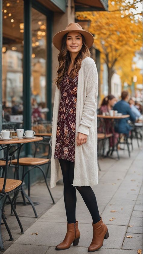 Long Sweater Work Outfits, Dress And Sweater Outfit Layering, Long Cardigan Work Outfit, Dress And Cardigan Outfit Winter, Fall Boho Chic Outfits, Boho Chic Fall Outfits, Boho Autumn Outfits, Dresses With Cardigans, Long Cardigan Outfit Fall