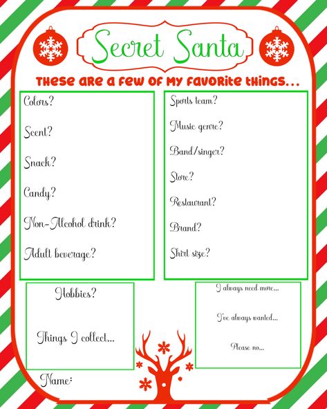 These are a few of my favorite things. Secret Santa Template Christmas gift exchange questionaire. Family gift exchange. Work Friends Co-worker gift ideas. Christmas Party. White Elephant Game. Elf or Rudolph games. FREE! Family Gift Exchange Questionaire, Work Secret Santa Ideas Free Printables, What To Get Your Friend For Christmas Secret Santa, Secret Santa Ideas For Family, Gift Exchange List Template, Christmas Secret Santa Ideas Work, Family Secret Santa Questionnaire, Work Christmas Party Gift Exchange Ideas, Christmas Secret Santa List