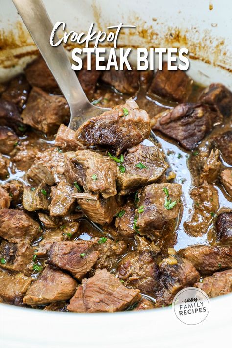 Whip this up for dinner tonight and see why it’s one of my family’s FAVORITE steak recipes! You’ve never had steak bites so tender and flavorful—and the crockpot does all the work! Just add the ingredients to your slow cooker, turn it on, and in a few hours you’ll have juicy steak bites and delicious au jus for spooning over mashed potatoes or sopping up with a crusty piece of bread. You’re going to love this easy, kid-friendly slow cooker meal! Chuck Steak Recipes Crockpot Slow Cooker, Crockpot Steak Bites, Juicy Steak Bites, Slow Cooker Meal, Crockpot Steak, Steak Bites Recipe, Over Mashed Potatoes, Easy Family Recipes, Easy Dinner Recipes Crockpot