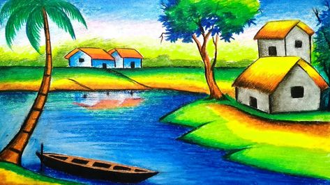 How to draw village scenery with Oil Pastels #scenerydrawing #drawingtutorial #drawingschool Village Scenery Drawing, Beautiful Scenery Drawing, Scenery Drawing For Kids, Easy Scenery Drawing, Village Scenery, Drawing Sunset, Village Drawing, Oil Pastel Drawings Easy, Drawing Scenery