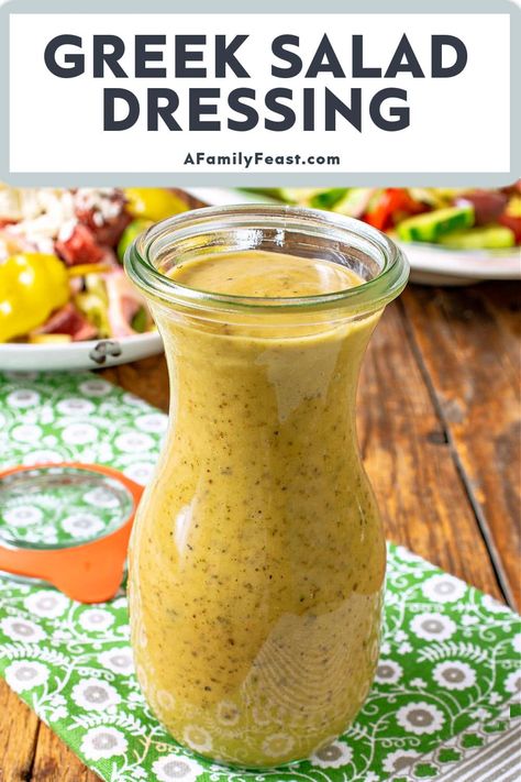 Greek Salad Dressing - A Family Feast Olive Oil Dressing Recipes, Homemade Greek Salad Dressing, Homemade Greek Salad, Greek Salad Dressing Recipe, Salad Appetizer Cups, Traditional Greek Salad, Greek Turkey Burgers, Greek Dressing, Olive Oil Dressing