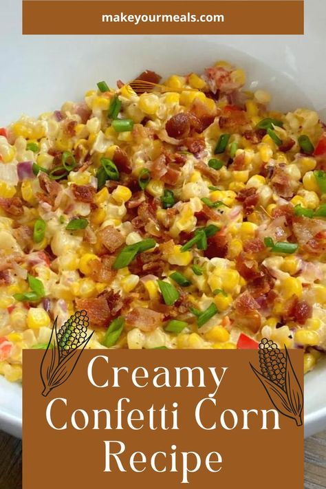 Creamy confetti corn is a side dish with sweet corn kernels, and chopped onion and bell peppers in a light creamy sauce. From makeyourmeals.com. Frozen Sweet Corn Recipe, Christmas Vegetables Side Dishes, Frozen Corn Recipes, Thanksgiving Corn Recipes, Confetti Corn, Canned Corn Recipes, Sweet Corn On The Cob, Christmas Side Dish Recipes, Corn Recipes Side Dishes