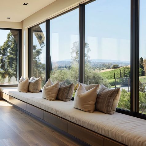 A tranquil bay window seat with soft, neutral tones and organic textures creates a calming retreat in the home Low Bench Under Window, Bay Window Seat Design, Under Window Seating, Under Window Bench, Bay Window Seats, Bay Window Seat Ideas, Modern Window Seat, Wood Bench Seat, Coastal Windows