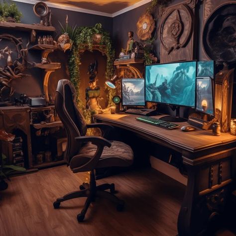 Fantasy Office Aesthetic, Rustic Pc Setup, Dark Academia Office Desk, Dark Academia Gaming Setup, Dark Academia Home Office, Gaming Office Ideas, Dark Office Aesthetic, Academic Office, Cozy Home Office Ideas