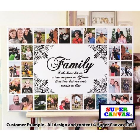 Beautiful bespoke Family framed Canvas Print with 28 Photos A wonderful way to show off a selection of your favourite 28 family photos in one beautiful canvas print, ready to hang. Central quote Like branches on a tree, we all grow in different directions yet our roots remain as one SIMPLE TO Family Collage Frame, Family Tree Quotes, Photo Collage Board, Family Picture Collages, Family Tree With Pictures, Wedding Frame Gift, Photo Collage Canvas, Photo Collage Wall, Family Collage