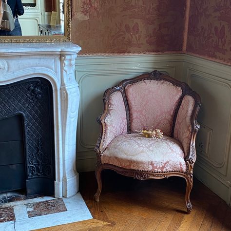 Pink Academy Aesthetic, Dark Academia Pink Aesthetic, Chair Aesthetic Dark, Pink Dark Academia Room, Soft Victorian Aesthetic Bedroom, Hermia Aesthetic, Pink Academia Room, Dark Academia Chair, Soft Academia Aesthetic Room