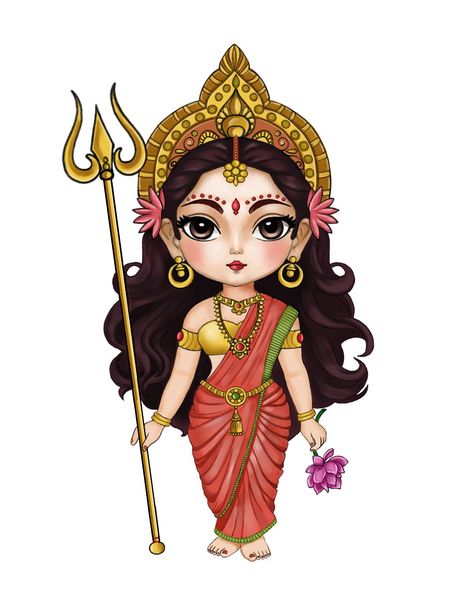 Devi Photo Hd, Cute Durga Maa Drawing, Durga Maa Tattoo, Little Durga Maa, Durga Maa Illustration, Hindu Goddess Aesthetic, Durga Goddess Art, Drawing Of Durga Maa, Durga Devi Drawing